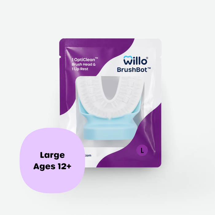 Willo BrushBot OptiClean brush head and lip rest packaging in a purple and white pouch, with a large light purple circle overlay reading 'Large Ages 12+'. The package shows a white U-shaped brush head and a light blue stand.