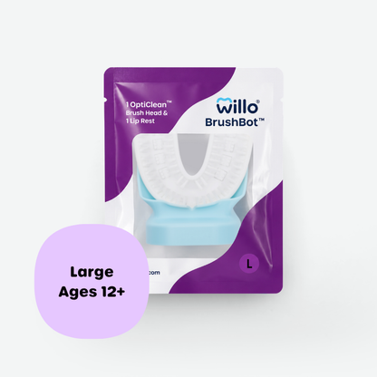 Willo BrushBot OptiClean brush head and lip rest packaging in a purple and white pouch, with a large light purple circle overlay reading 'Large Ages 12+'. The package shows a white U-shaped brush head and a light blue stand.