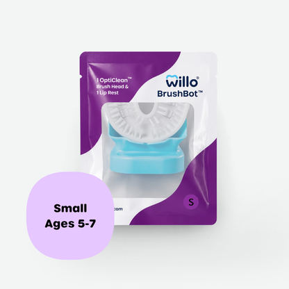 Willo BrushBot OptiClean small brush head and 1 lip rest in a purple and white retail pouch, with a lavender circle overlay reading 'Small Ages 5-7'.