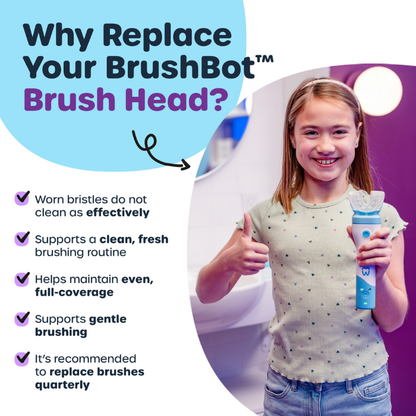 Promotional graphic for a BrushBot toothbrush head replacement. A smiling girl in a polka-dot shirt holds a blue toothbrush with a replacement head, while text on the left explains why users should replace their brush heads.