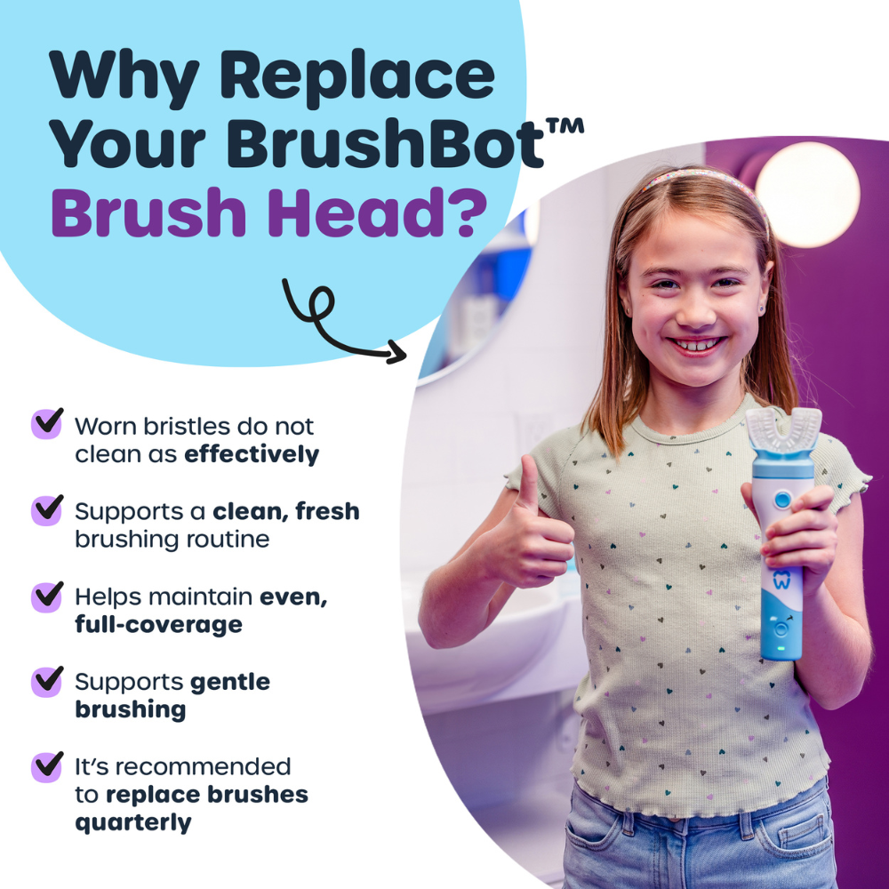 Promotional graphic for a BrushBot toothbrush head replacement. A smiling girl in a polka-dot shirt holds a blue toothbrush with a replacement head, while text on the left explains why users should replace their brush heads.