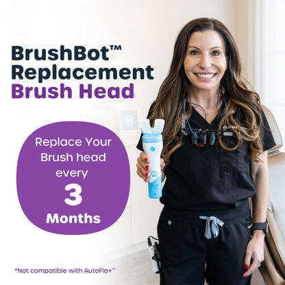A smiling woman in black dental scrubs holds a light blue and white BrushBot replacement brush head. Large text on the left reads 'BrushBot Replacement Brush Head' and 'Replace Your Brush head every 3 Months,' with a small note about AutoFlo compatibility.