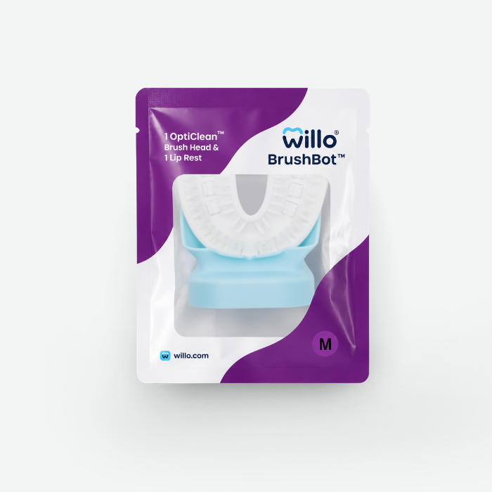 Willo BrushBot packaging with brush head and lip rest on a white background