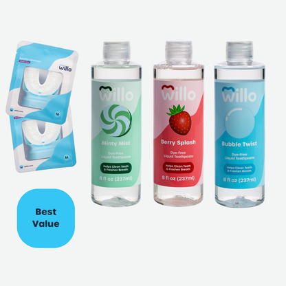 Willo liquid products including bottles and a packaging on a white background