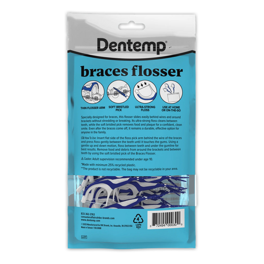 Back of Dentemp Braces Flosser package detailing usage instructions, key product features, and barcode.