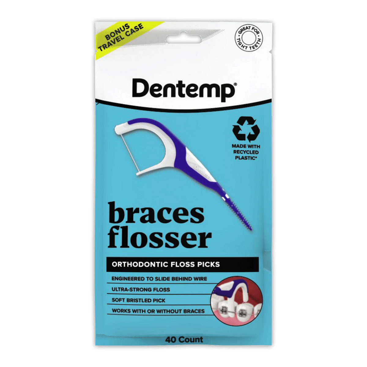 Dentemp Braces Flosser orthodontic floss picks 40-count package with bonus travel case.
