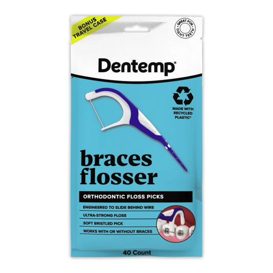 Dentemp Braces Flosser orthodontic floss picks 40-count package with bonus travel case.