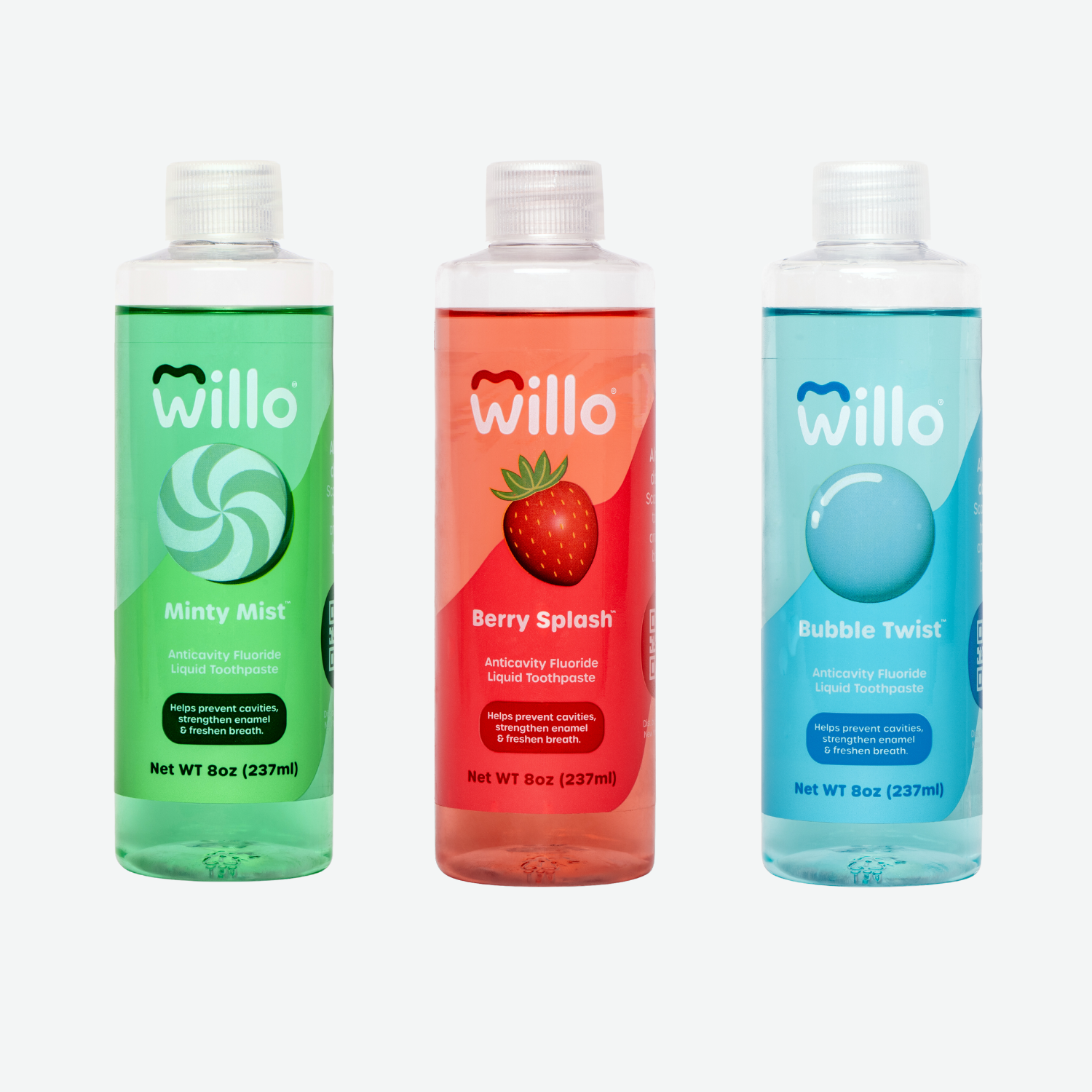 3 available flavors of Willo AutoFlo+ toothpaste: Mint, Strawberry, and Bubblegum