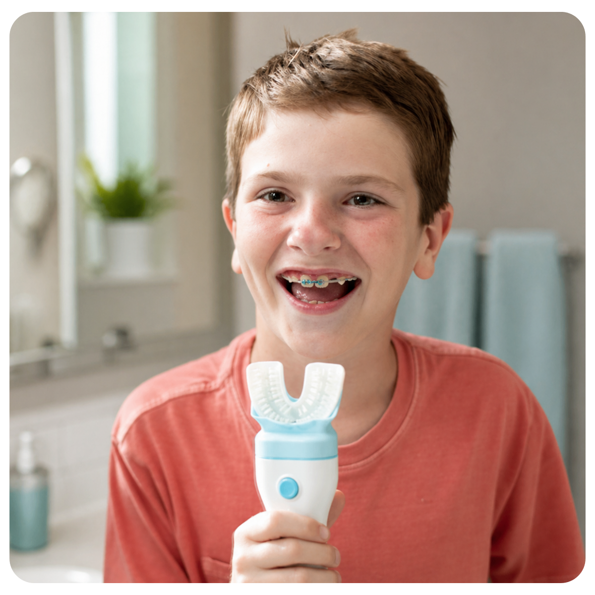 A smiling young boy with dental braces holding a light blue, U-shaped automated smart toothbrush in a bathroom setting.