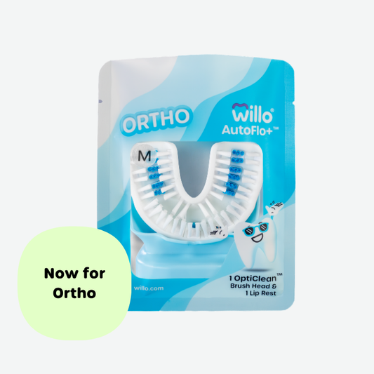 Sealed blue pouch packaging for the Willo AutoFlo+ Ortho brush head with a clear window showing a white and blue size M mouthpiece, featuring a light green badge that reads "Now for Ortho".