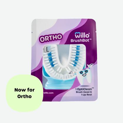 Sealed pouch packaging for the Willo BrushBot Ortho brush head with a clear window showing a white and blue size M mouthpiece, featuring a light green badge that reads "Now for Ortho".