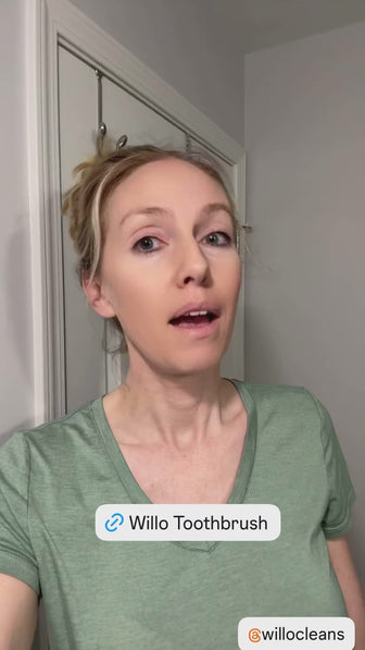 A social media advertisement featuring a parent highlighting the health benefits their children received and the positive lifestyle impact on their daily routines after switching to Willo oral care products.