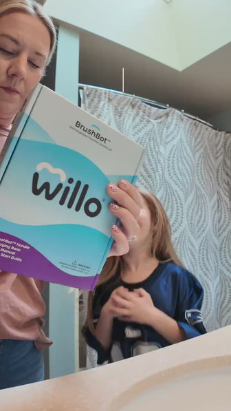 A social media advertisement featuring a parent highlighting the health benefits their children received and the positive lifestyle impact on their daily routines after switching to Willo oral care products.