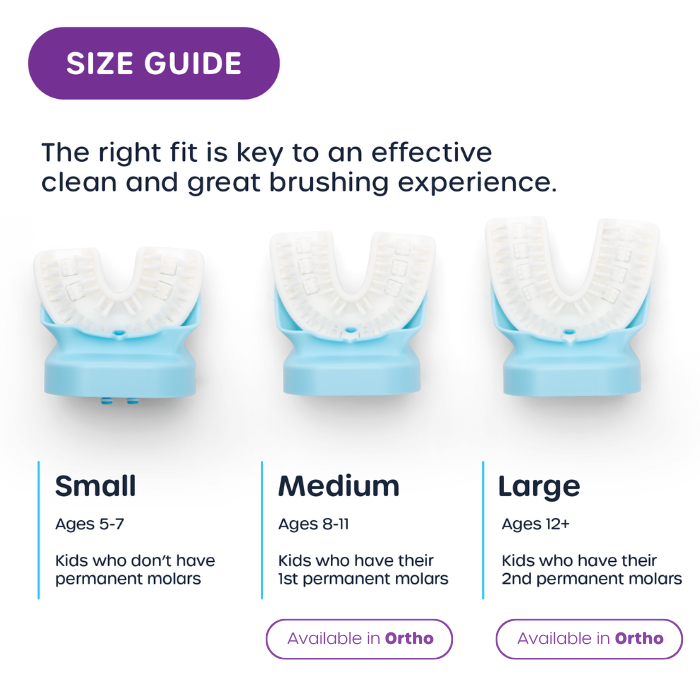Size guide for dental brushes with small, medium, and large options on a white background.