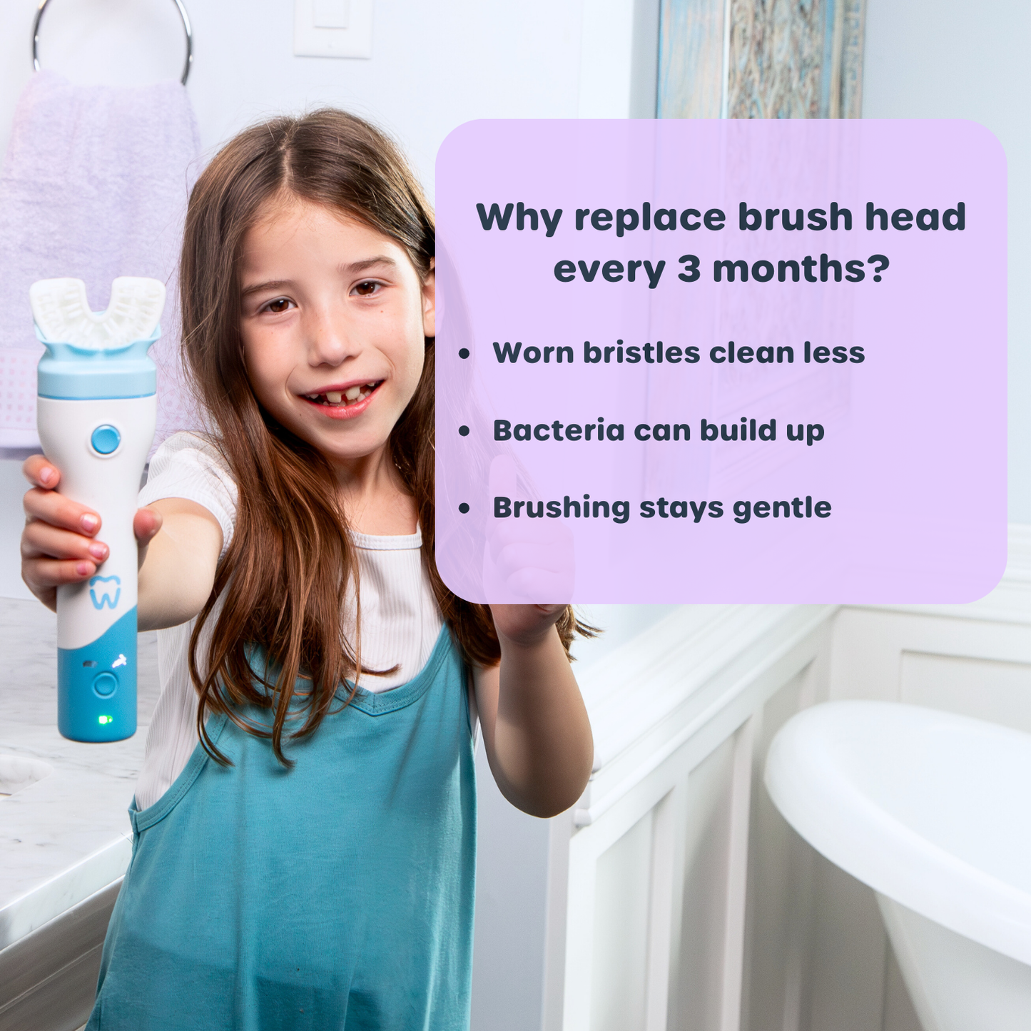Young girl holding a toothbrush with text explaining why brush heads should be replaced every 3 months.