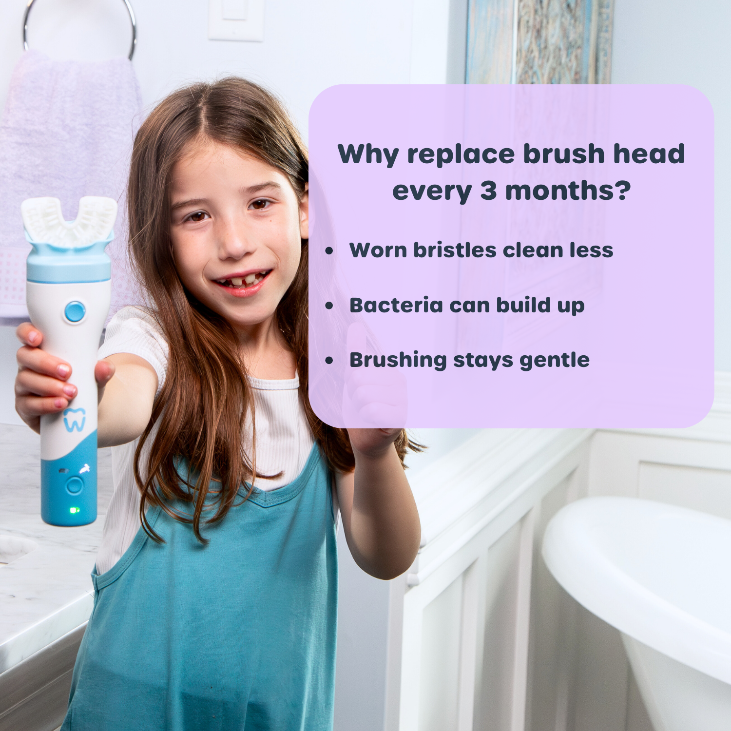 Young girl holding a toothbrush with text explaining why brush heads should be replaced every 3 months.